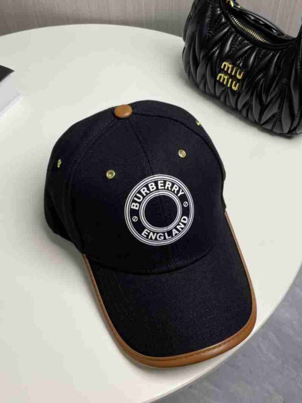 Burberry Black Canvas Baseball Cap Brown Leather Trim Circle England Logo Hat - Picture 6 of 6